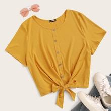 Romwe Plus Buttoned Knot Front Top
