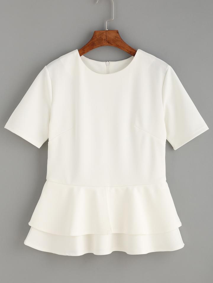 Romwe White Zip Back Layered Peplum Top