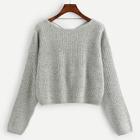 Romwe Lace Up Back Marled Crop Sweater