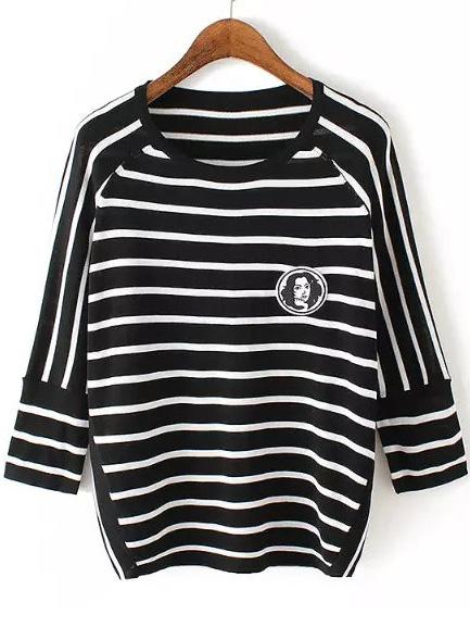 Romwe Bat Sleeve Striped Black Sweater