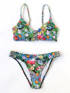 Romwe Green Tropical Print Braided Strap Bikini Set