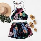 Romwe Pineapple Print Crop Halter Top With Shorts Set