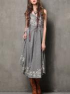 Romwe Flower Embroidered Drawstring Waist Cami Dress - Grey