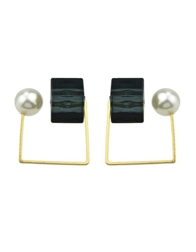 Romwe Black Stone Pearl Stud Earrings
