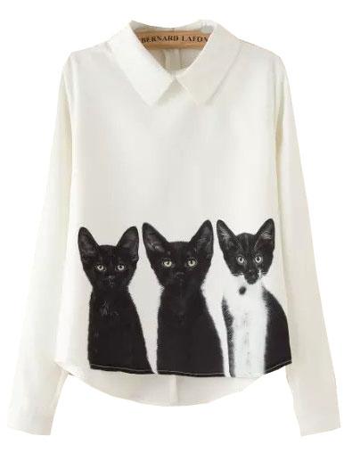 Romwe Lapel With Zipper Cat Print Blouse