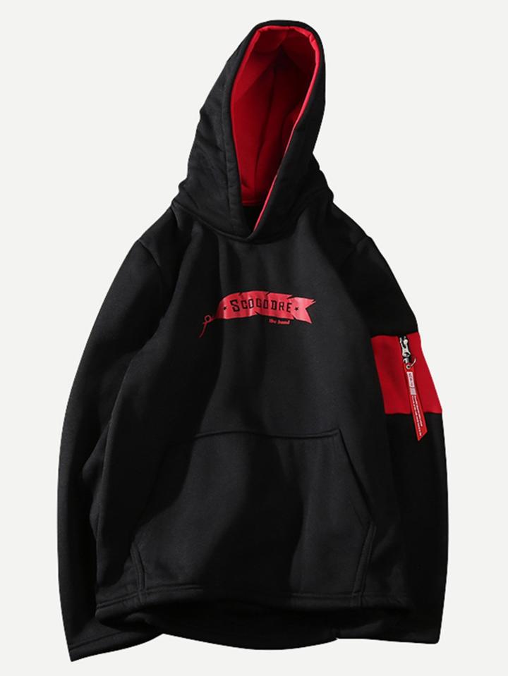 Romwe Men Letter Printed Pocket Hoodie Sweatshirt