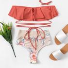 Romwe Mix And Match Random Floral Flounce Bikini Set