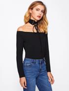 Romwe Off Shoulder Tee With Lace Up Choker