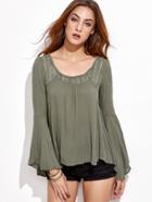 Romwe Army Green Lace Insert Bell Sleeve Blouse