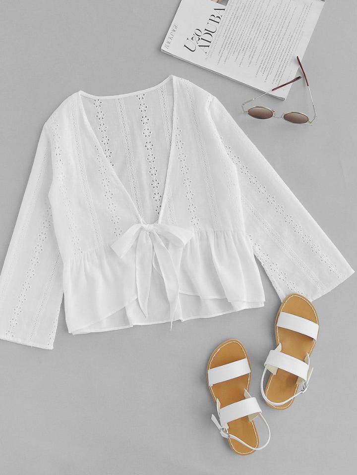 Romwe Plunging V-neckline Knot Front Frill Top
