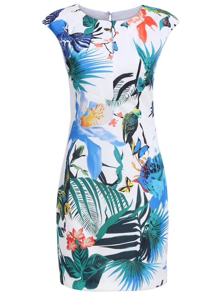 Romwe White Round Neck Sleeveless Floral Print Bodycon Dress