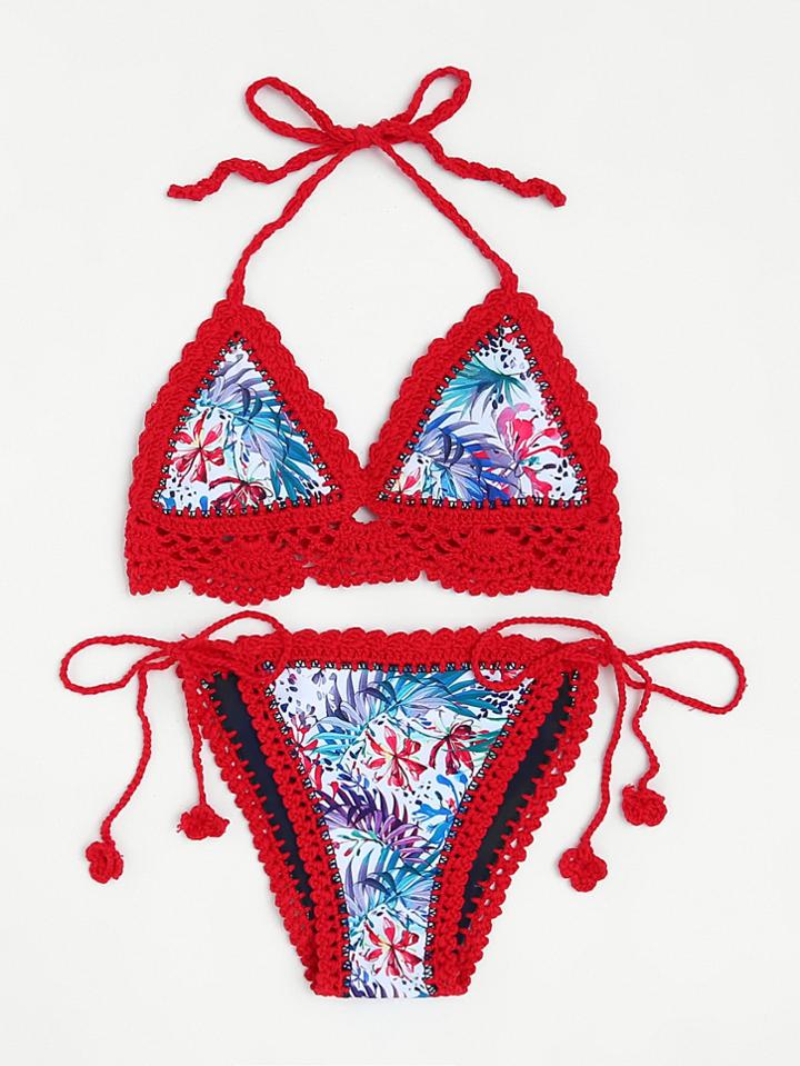 Romwe Jungle Print Crochet Trim Side Tie Bikini Set