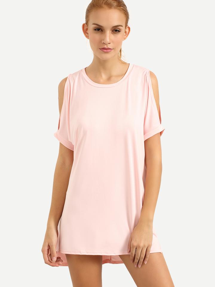 Romwe Slit Shoulder Loose-fit Tee Dress - Pink
