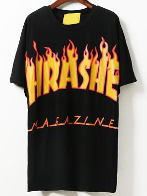 Romwe Black Fire Letter Print T-shirt