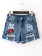 Romwe Embroidered Applique Ripped Detail Denim Shorts