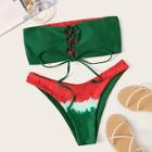 Romwe Lace Up Watermelon Print Bikini Set