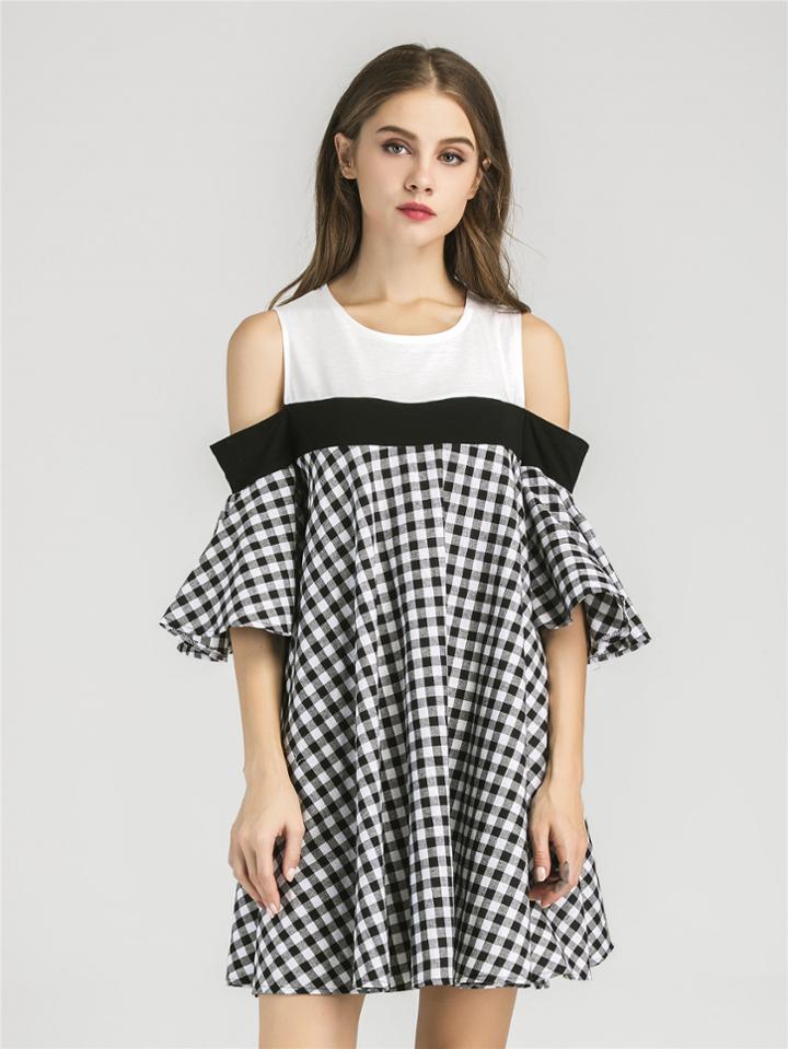 Romwe Open Shoulder Contrast Gingham Bell Sleeve Dress