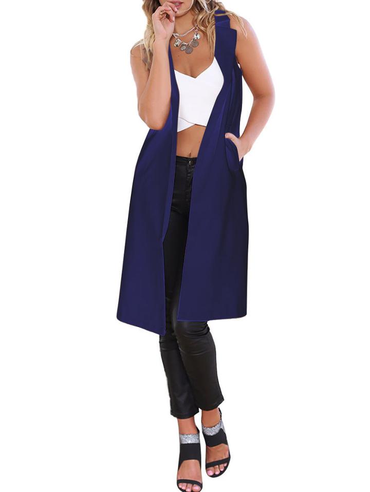 Romwe Lapel Pockets Long Navy Vest