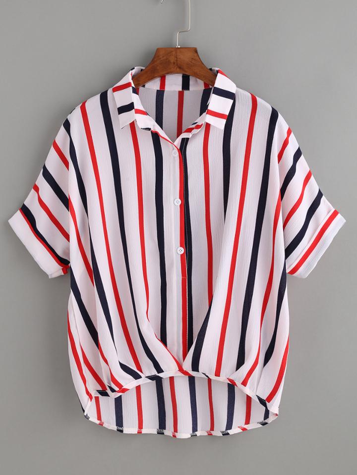 Romwe Multicolor Vertical Striped Draped High Low Blouse