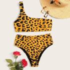 Romwe Leopard One Shoulder Bikini Set With Choker