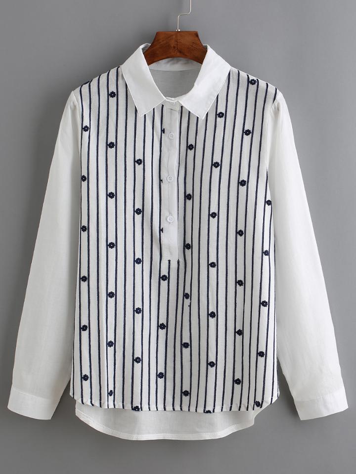 Romwe Vertical Striped Crochet Blouse