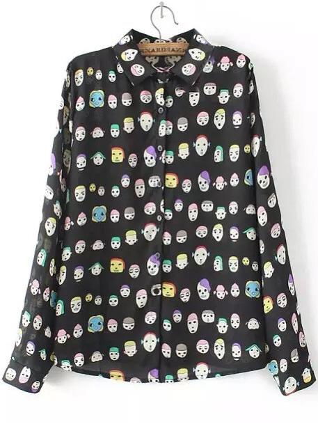 Romwe Lapel Cartoon Print Chiffon Black Blouse