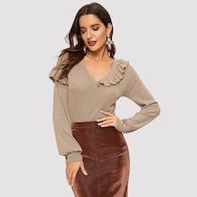 Romwe V-neck Ruffle Trim Rib-knit Tee