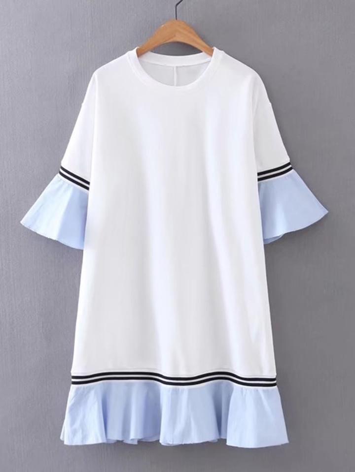 Romwe Bell Sleeve Contrast Ruffle Hem Dress