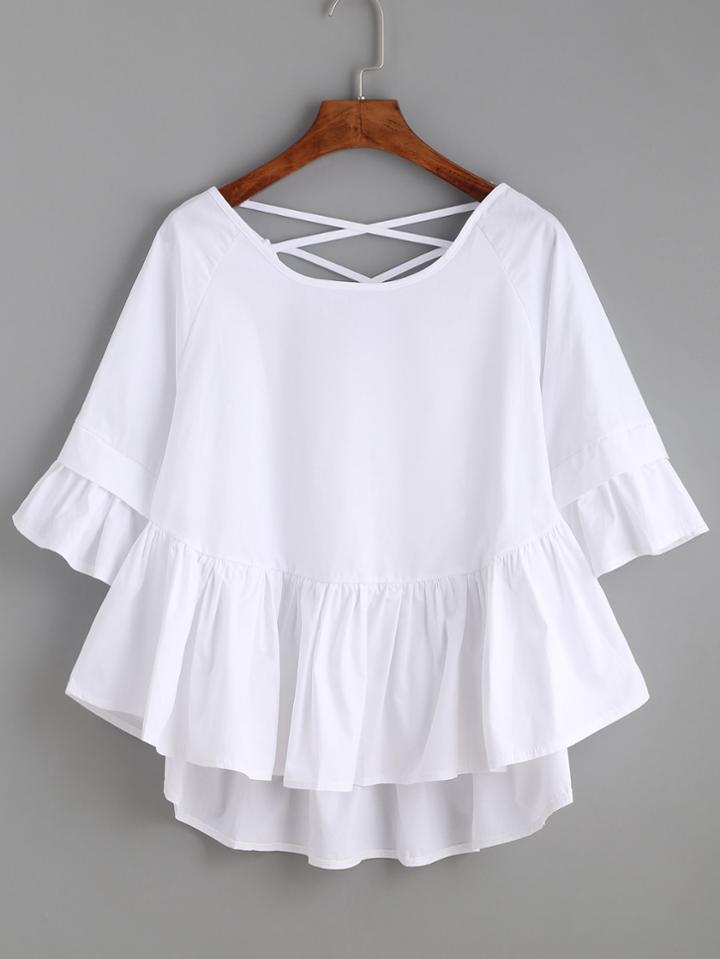 Romwe White Crisscross Back Ruffle Top