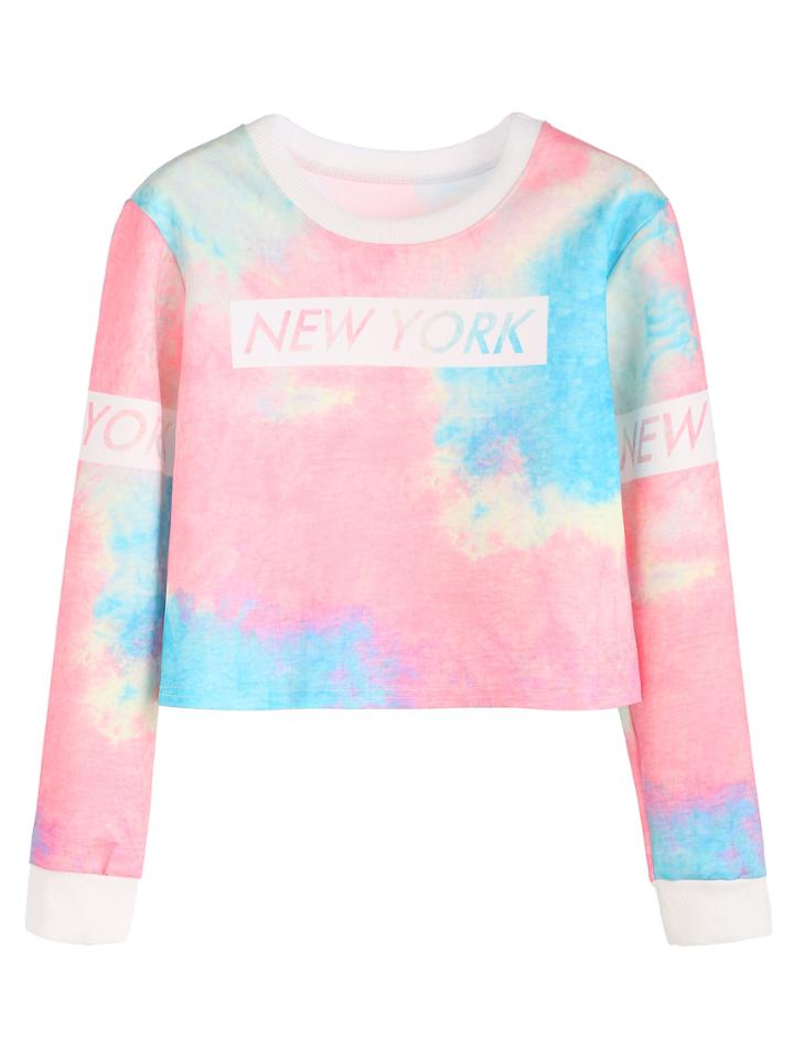 Romwe Tie Dye Contrast Trim Letter Print Crop Sweatshirt