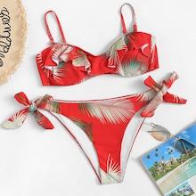 Romwe Ruffle Top With Side Tie Leaf Print Bikini Set