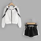 Romwe Fishnet Panel Jacket With Tube Insert & Drawstring Shorts Set