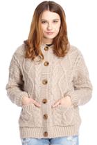 Romwe Hooded Pocketed Cable Knit Light Coffee Cardigan