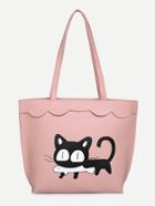 Romwe Cat Print Scallop Design Tote Bag
