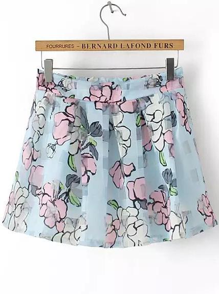 Romwe Florals Organza Pleated Blue Skirt