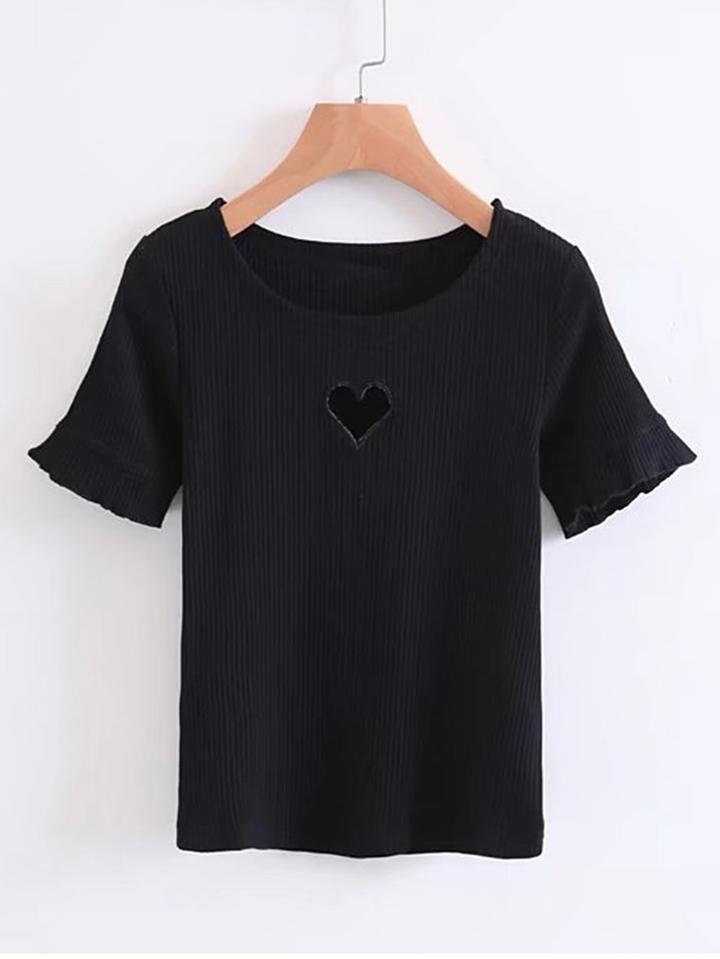Romwe Heart Pattern Ribbed Knit Tee