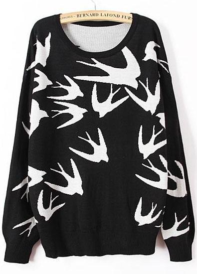 Romwe Swallow Print Black Knit Sweater