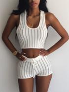 Romwe Vertical Striped Hooded Crop Top With Shorts - White