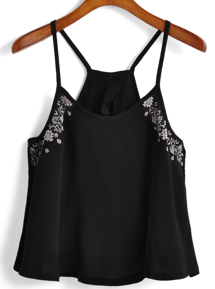 Romwe Spaghetti Strap Embroidered Split Black Cami Top
