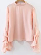 Romwe Pink Ruffle Sleeve Crew Neck Blouse