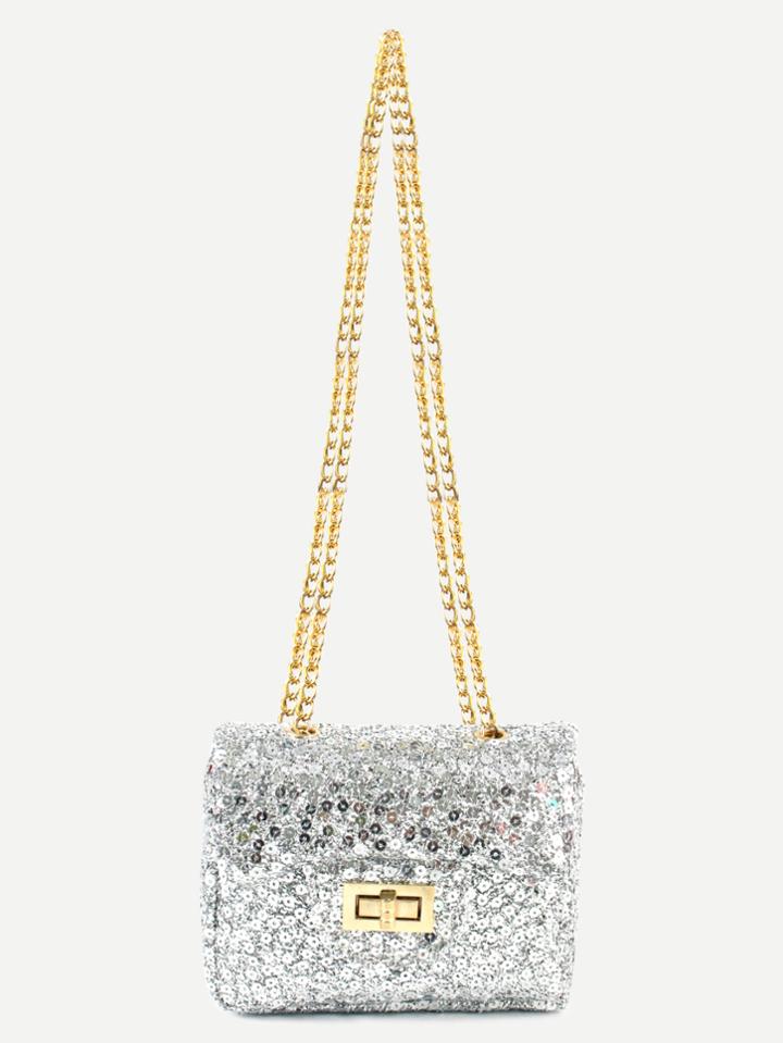 Romwe Silver Sequin Flap Bag With Chain