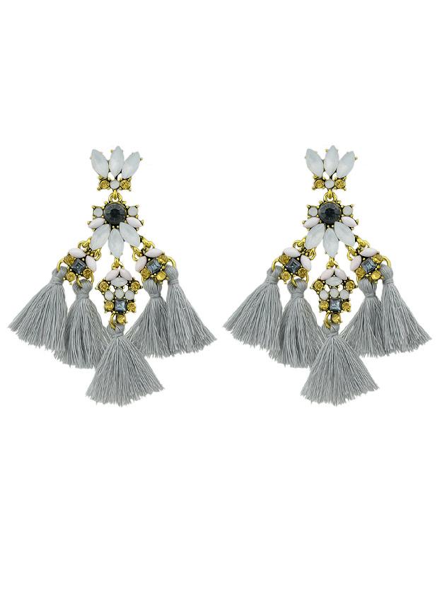 Romwe Gray Rhinestone And Colorful Tassel Big Geometric Chandeliers Earrings