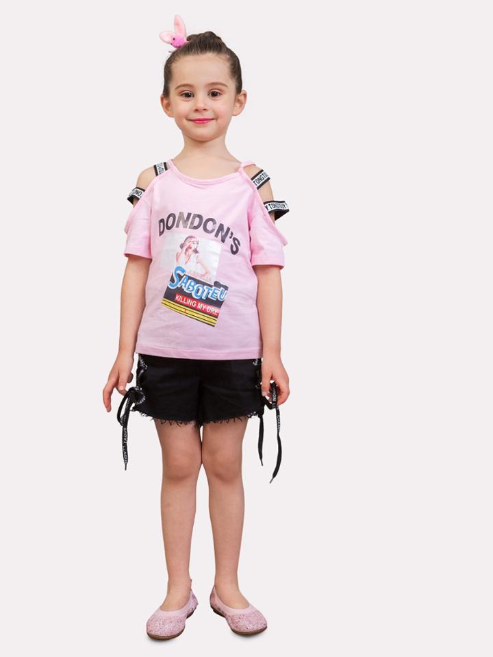 Romwe Letter Tape Detail Tee With Lace Up Side Shorts