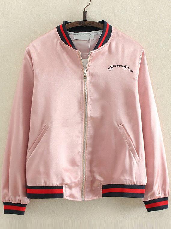 Romwe Pink Letter Embroidery Zipper Up Baseball Jacket