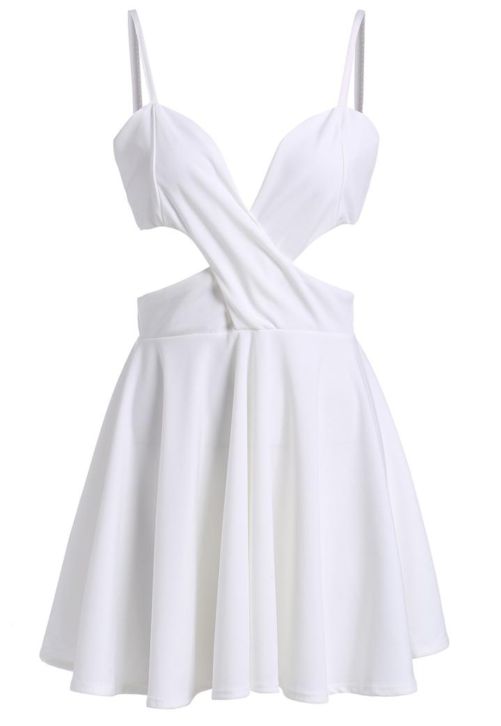 Romwe Spaghetti Strap Cut Out White Pleated Dress