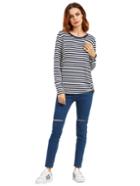 Romwe Navy Long Sleeve Striped T-shirt