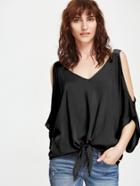 Romwe Cold Shoulder Knot Front Batwing Top