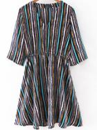 Romwe Multicolor V Neck Elastic Waist Vertical Striped Dress