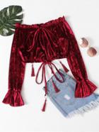Romwe Ruffle Sleeve Drawstring Velvet Crop Top