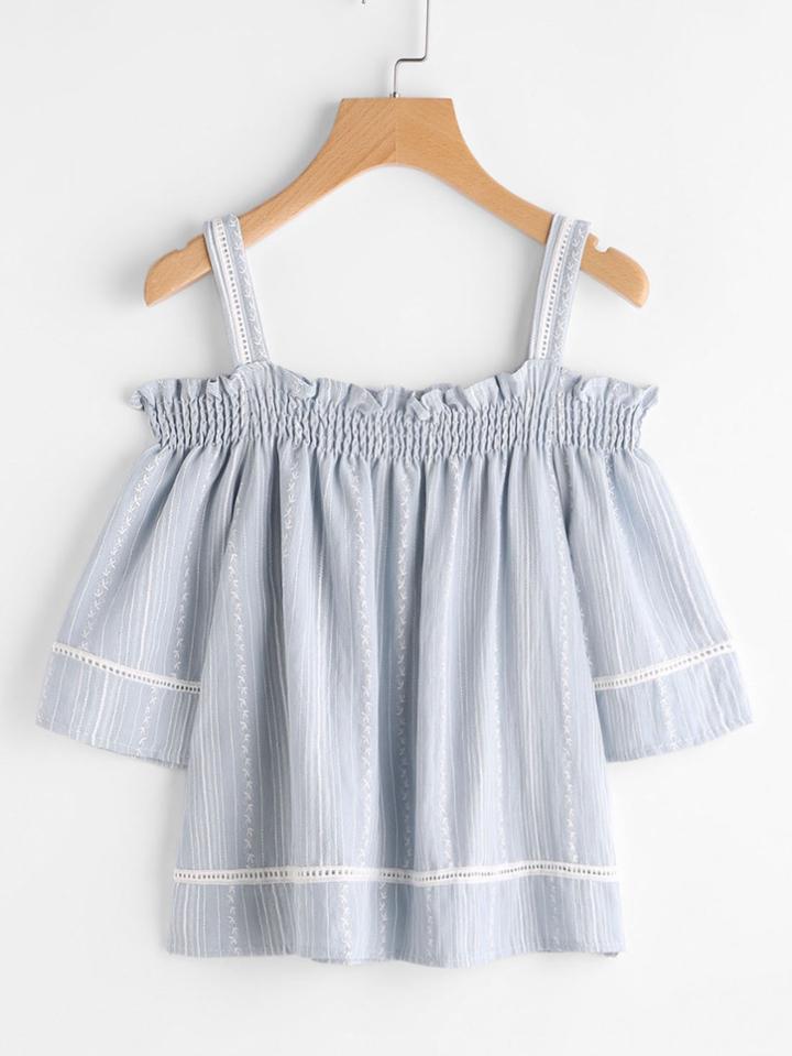 Romwe Open Shoulder Ditsy Print Striped Shirred Top